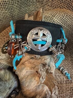 OOAK Black Leather Turquoise Suede Cross Concho/Charm Cuff Bracelet